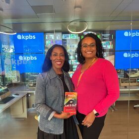 The image shows Dr. Portia Preston, author of the book "Hustle, Flow, or Let it Go?" along with KPBS Midday Edition host Jade Hindmon at KPBS on November 5, 2025.
