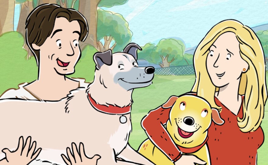 Animated image of real-life Hollywood couple Jon Hamm ("Mad Men") and Jennifer Westfeldt ("Friends with Kids") - with Martha and their real-life dog, Cora, from the kick-off episode for season four of MARTHA SPEAKS.