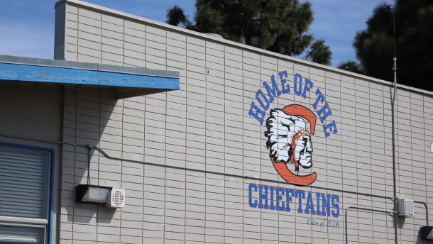 A mascot logo painted on a building at Clairemont High School in San Diego, photographed on Monday, Feb. 23, 2026.