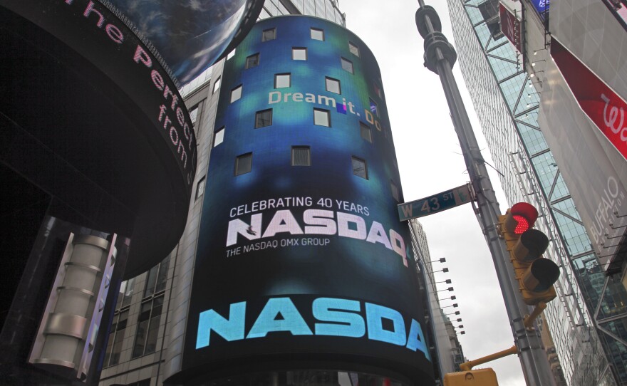 Nasdaq became the first electronic stock market in 1971. Here, Nasdaq's iconic curved, seven-story video billboard is seen.