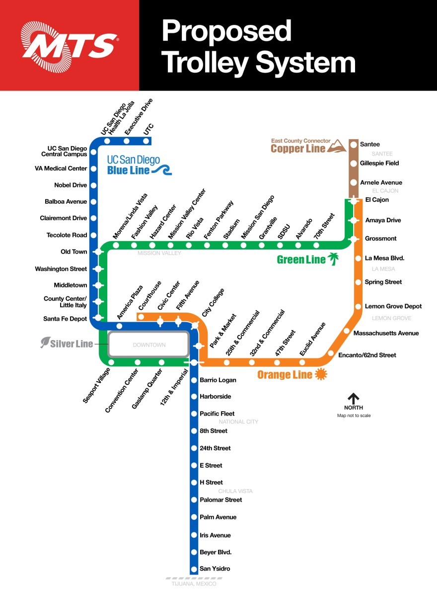 A map shows the proposed changes to the MTS trolley system with the Copper Line going between Santee and El Cajon.