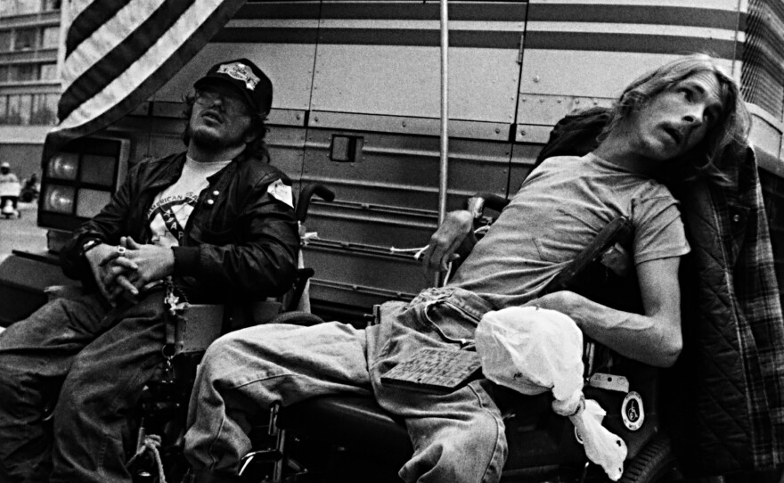 ADAPT (American Disabled for Accessible Public Transit) activists at a Greyhound bus demonstration in Atlanta, GA.