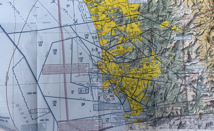 A photo of a map shows San Diego County's available flight routes, May 2026.