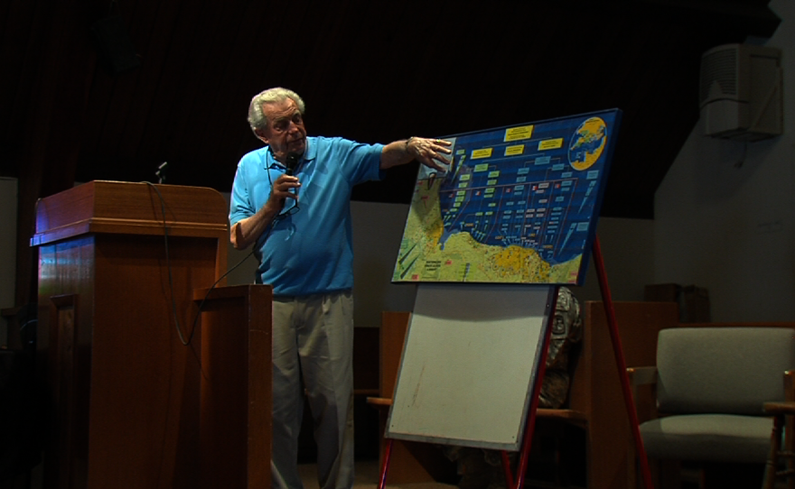 D-Day veteran Jack Port points to a map of Normandy as he talks to cadets from the Army and Navy Academy about his involvement in the historic invasion, May 13, 2014.