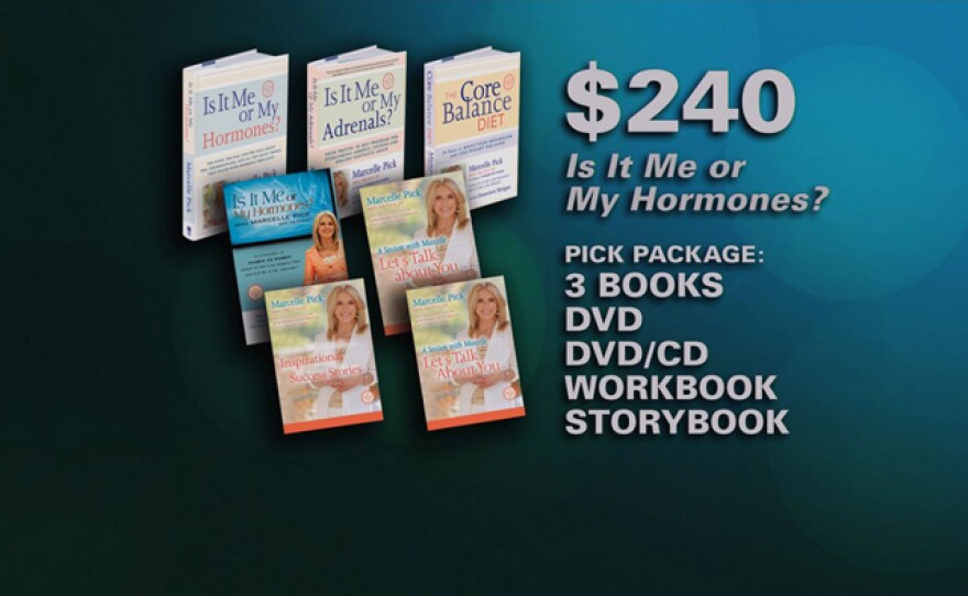 Give at the $240 level and receive the combo package including the companion book & DVD, two books: "Is It Me or My Adrenals? & "Core Balance Diet," and a DVD/CD combo which features a session with Marcelle that includes her "Let's Talk About You" workbook and Inspirational Sucess Stories Booklet. This gift also includes enrollment in the myKPBS Savers Club plus additional online access to more than 130,000 merchant offers and printable coupons, as well as a KPBS License Plate Frame (if you're a new member). The "Is It Me Or My Hormones" book only is available at the $60 level, and there is a DVD set for $90.