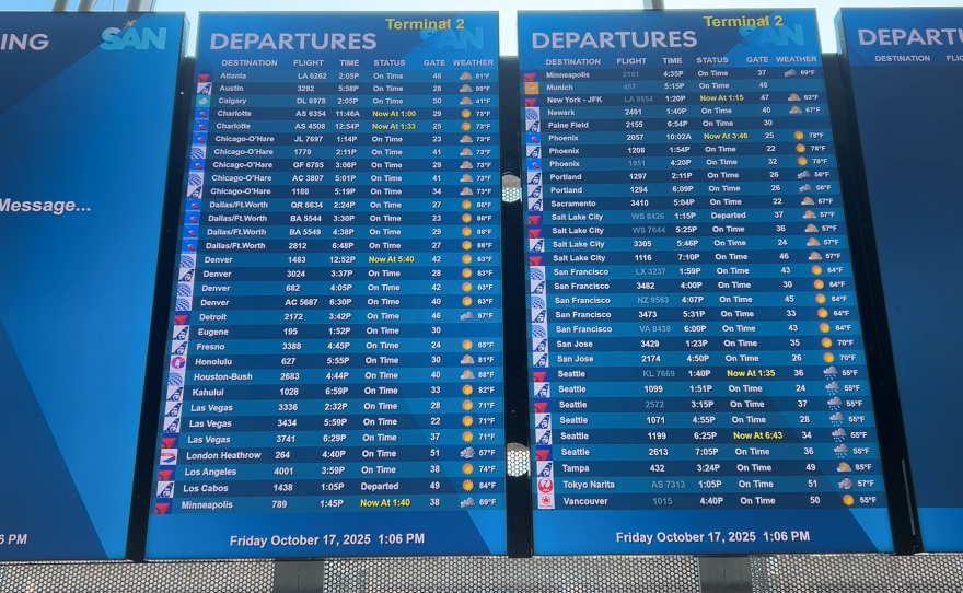 The Departures board at the San Diego International Airport on October 17, 2025
