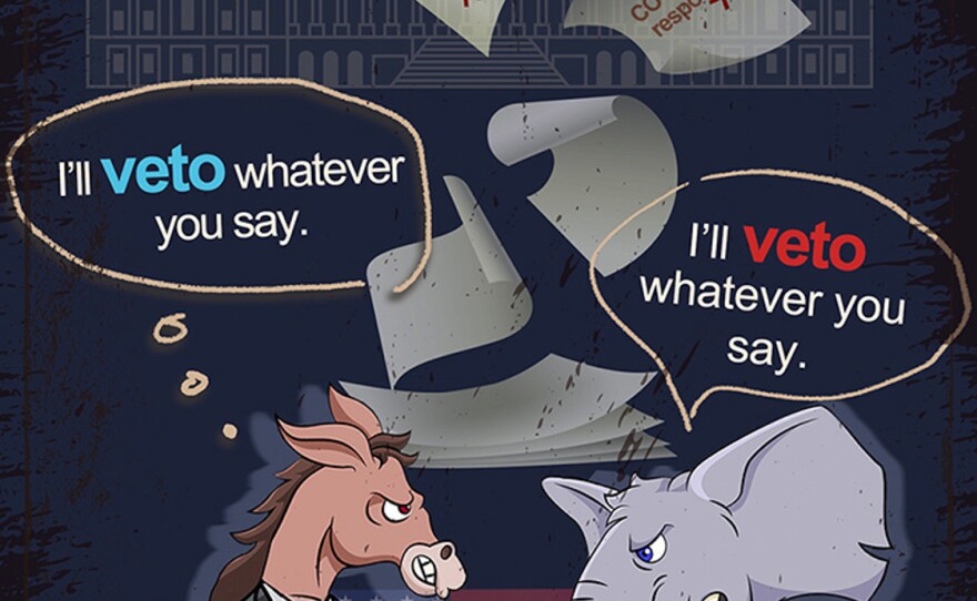 A third cartoon on the state-run service mocks U.S. political gridlock.