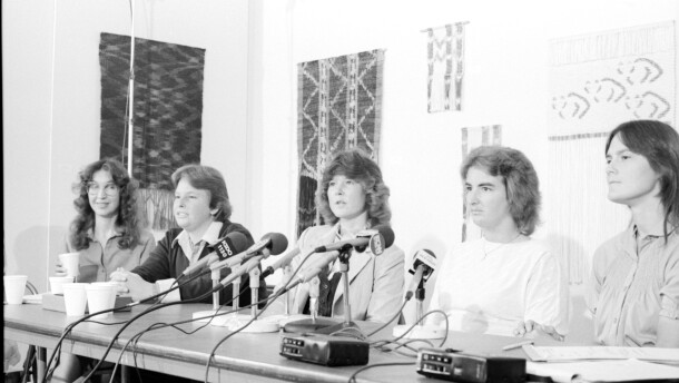 Dixon Press Conference 1982: (Left to Right) Kim McAlister (CWSS), Robin Bruce, Fran Ledford, Chris Russell and Eileen Bingle looking at audience.