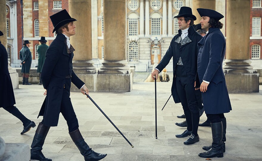 Left to right: Jack Farthing as George, John Hopkins as Sir Francis Basset and Aidan Turner as Ross.