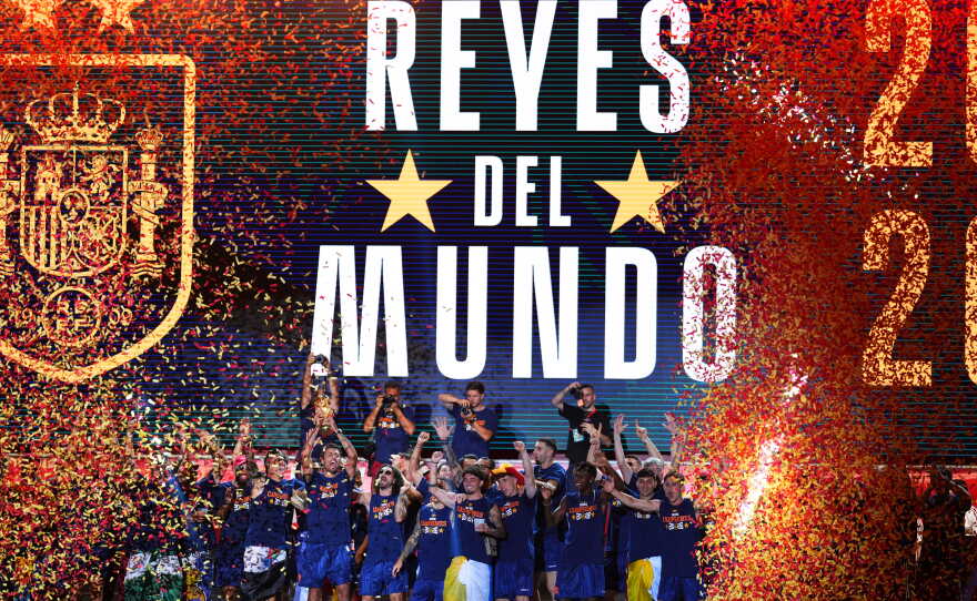 Players from Spain's national soccer team celebrate at Cibeles Square in Madrid on Monday, July 20, 2026, after Spain defeated Argentina in the World Cup final in East Rutherford, N.J., near New York.