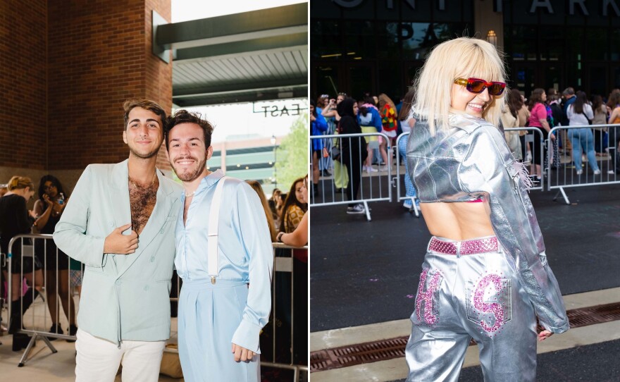 Left: Matthew Slowey and Garett Reed waiting outside the UBS Arena. Right: Abbi Dicenso sporting a custom outfit with the letters "H" and "S" on the back of her pants to celebrate her love for Styles.