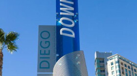 A sign installed next to Civic San Diego's pedestrian bridge near Harbor Drive in downtown San Diego, Feb. 11, 2016.