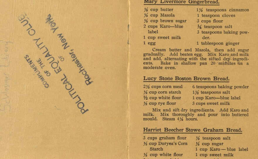 Recipes from the Woman Suffrage Cook Book, including one for "Graham Bread" attributed to Harriet Beecher Stowe, the author of Uncle Tom's Cabin. Beecher Stowe's sister Isabella Beecher Hooker was a founder of the National Women's Suffrage Association.