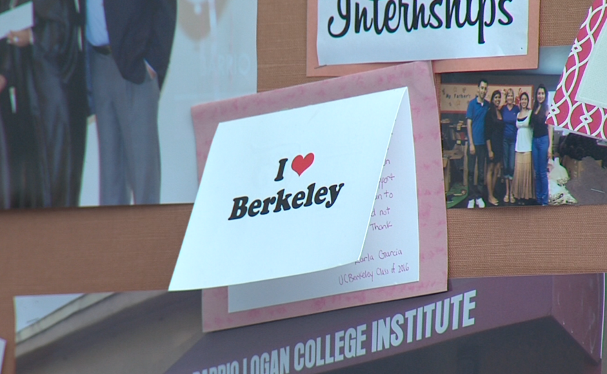 A wall at the Barrio Logan College Institute features college paraphernalia, Aug. 6, 2015.