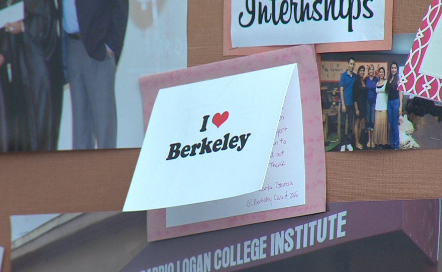 A wall at the Barrio Logan College Institute features college paraphernalia, Aug. 6, 2015. 