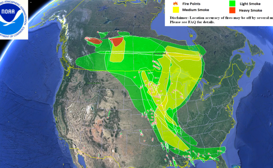 NOAA's Hazard Mapping System shows the smoke from the Alberta wildfire across the United States.