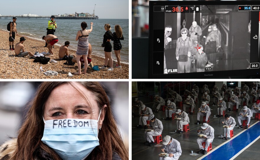 Top left: An officer asks people to observe lockdown rules in Brighton, England. Bottom left: A protester at a lockdown demonstration in Brussels, Belgium last month. Top right: Malaysian health officers screen passengers with a thermal scanner at Kuala Lumpur Airport in January 2020. Bottom right: Employees eat their lunch in Wuhan, China, in March 2020.