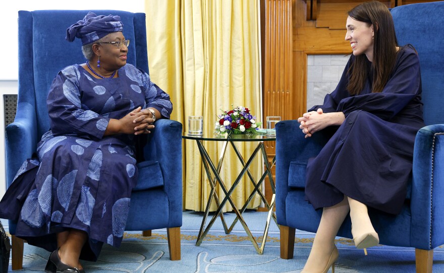 New Zealand Prime Minister Jacinda Ardern with World Trade Organisation Director General Ngozi Okonjo-Iweala, who at Ardern's resignation, said the prime minister left a "good example" for others to follow.