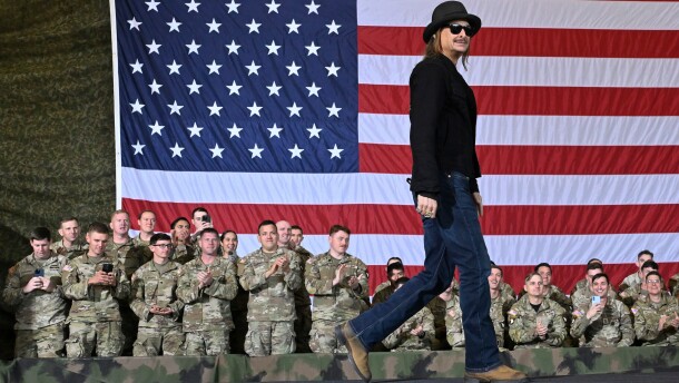 FILE - Kid Rock comes on stage to speak and introduce Vice President JD Vance during a visit to Fort Campbell, Ky., Nov. 26, 2025.