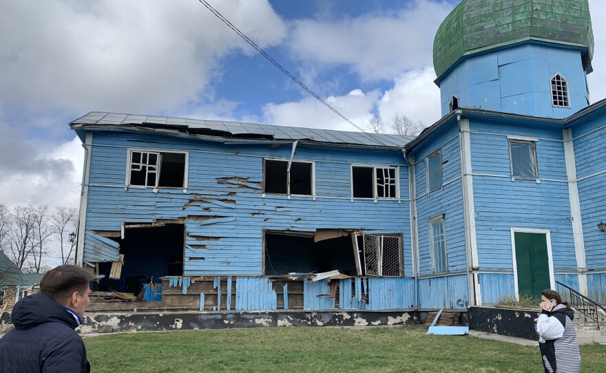 Sasha Romantsova, executive director of the Kyiv-based Center for Civil Liberties, visits an Orthodox church bombed by Russians in Peremoha, Ukraine, on April 17.