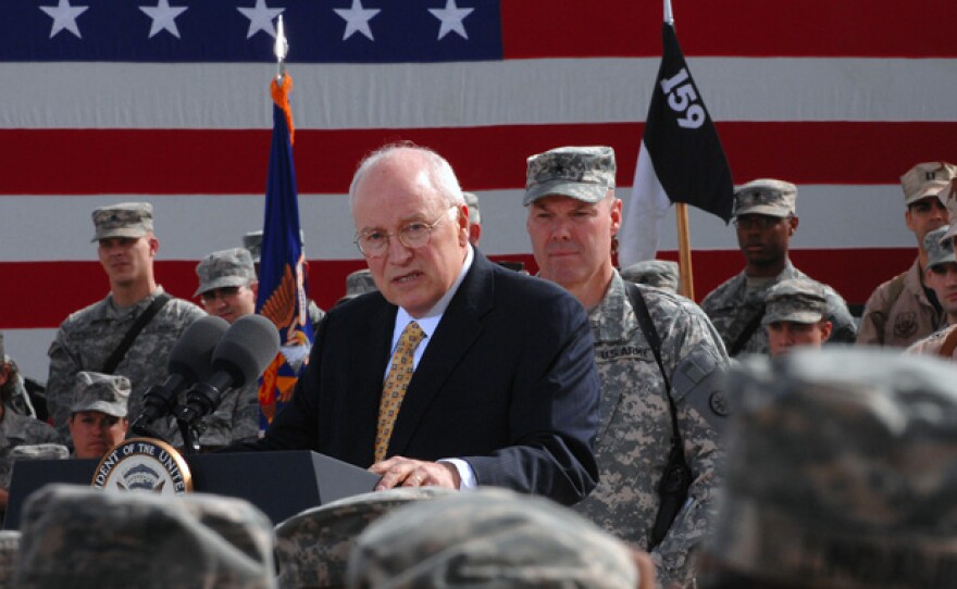 Vice President Dick Cheney speaks to a crowd of service members on Balad Air Base, Iraq, March 18, 2008. Cheney was in the area visiting with service members deployed in support of Operation Iraqi Freedom.