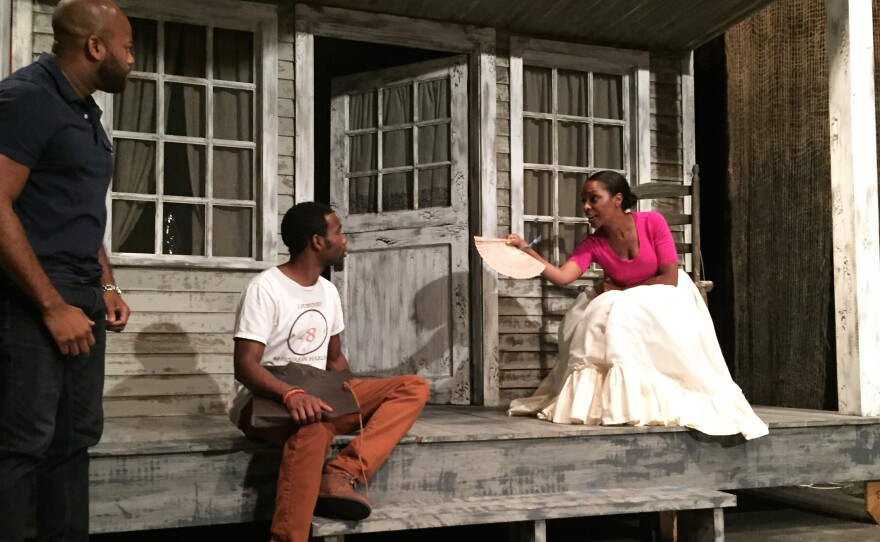 Shane Taylor (from left), W. Tré Davis and Michelle Wilson rehearse a scene in The People Before the Park. Their characters discuss pressuring the New York City government to pay them more money for moving from their homes in Seneca Village.