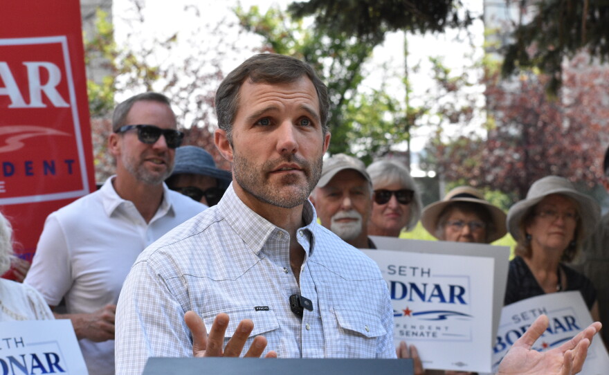Seth Bodnar, an independent candidate for a U.S. Senate seat in Montana, speaks to supporters and the press outside the Yellowstone County Courthouse, Aug. 7, in Billings, Mont.