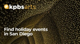 The "Winter Cathedral" installation in San Diego Botanic Garden's "Lightscape" is shown in the background of an undated graphic that says: "Find holiday events in San Diego."