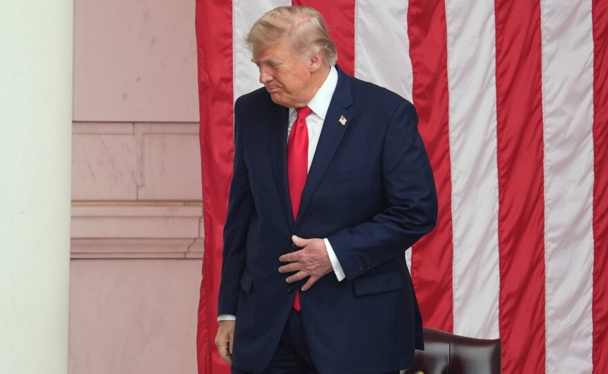 President Donald Trump departs after speaking during the 158th National Memorial Day Observance coinciding with the nation's 250th anniversary, at the Memorial Amphitheater in Arlington National Cemetery, Monday, May 25, 2026, in Arlington, Va.