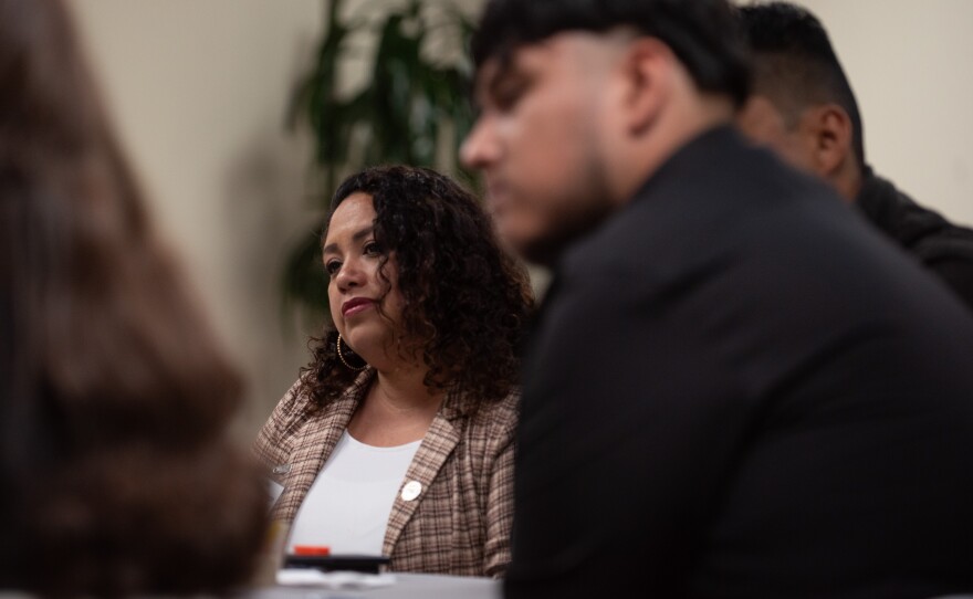 Monica Griego, executive director of San Diego’s Parent Institute for Quality Education, listens during a KPBS community conversation on May 14, 2025.