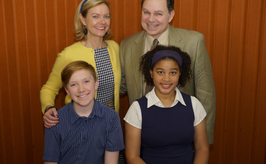 Levi Laddon and Ava Harris (front), and Lisel Gorell-Getz and Phil Johnson (back) star in the world premiere of the Roustabouts Theatre Co.'s  dark comedy "gUnTOPIA." Play runs through March 29 at Moxie Theatre.