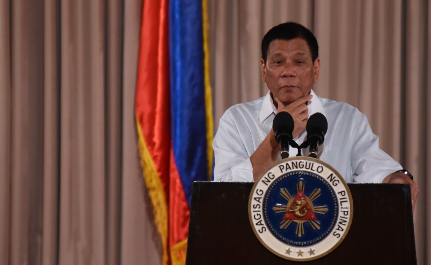 Philippine President Rodrigo Duterte speaks during a presidential awarding ceremony held at the Malacanang Palace in Manila, Philippines, on Monday.