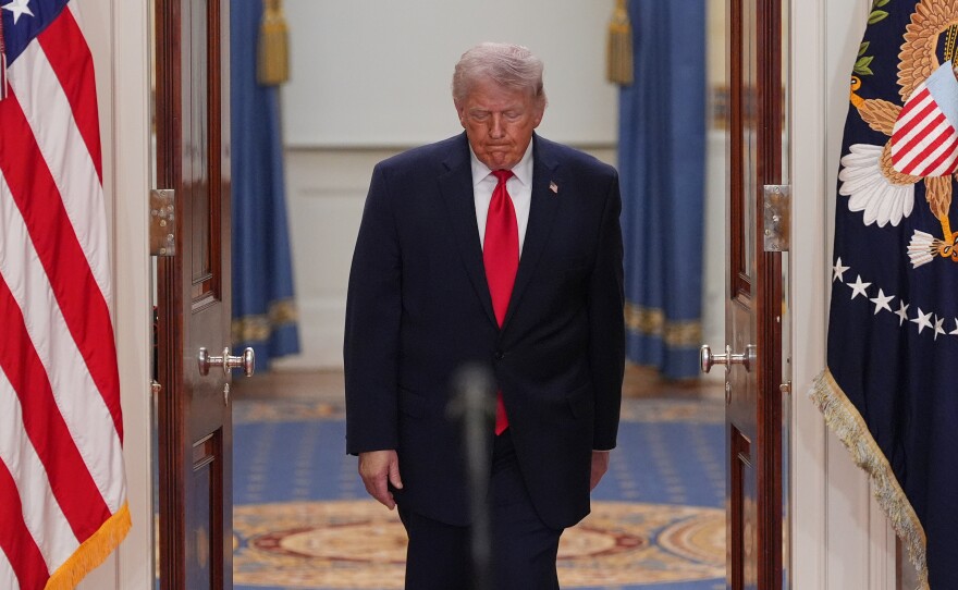 President Donald Trump arrives to speak about the Iran war from the Cross Hall of the White House on Wednesday, April 1, 2026, in Washington. (AP Photo/Alex Brandon, Pool)