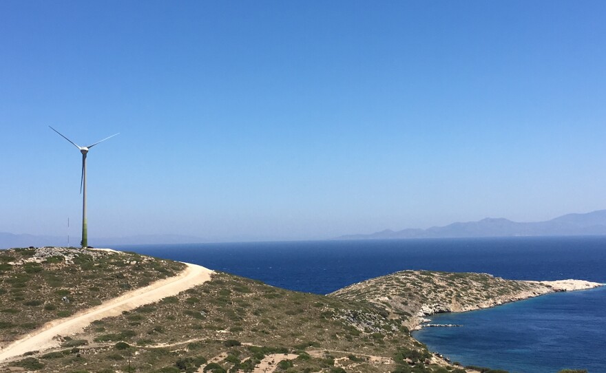 A view of the newly-erected wind turbine on Tilos, Greece, part of a microgrid that, along with a solar park and a renewable battery system, will power the island.