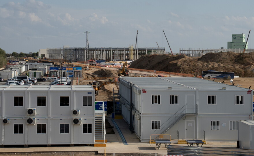 An Amazon data center, currently under construction beside the quiet village of Cuarte, Spain, on Sept. 29.It's being built beside the village on land close to a protected wetland.