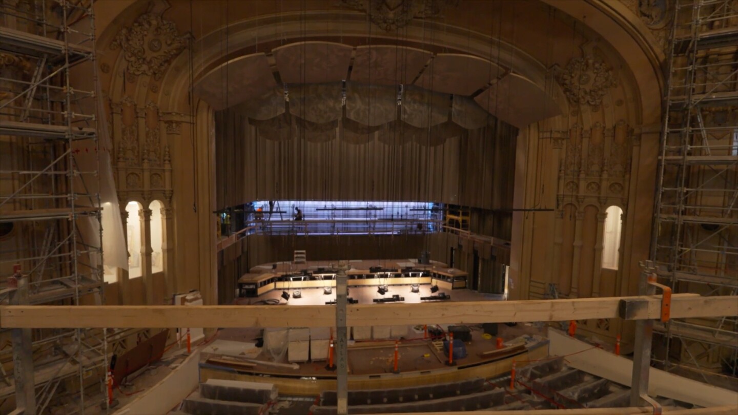 A view from the balcony looking down at the stage, including the space for the new choral terrace, is shown in this undated photo.