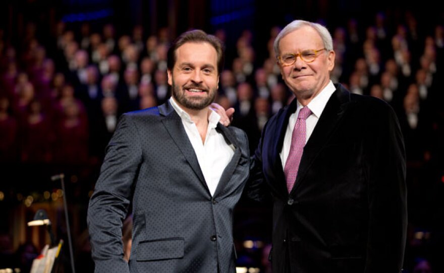 Tony Award-winning tenor Alfie Boe (left) and renowned veteran newscaster Tom Brokaw join the Mormon Tabernacle Choir and Orchestra at Temple Square in a concert of holiday favorites and inspiring surprises.