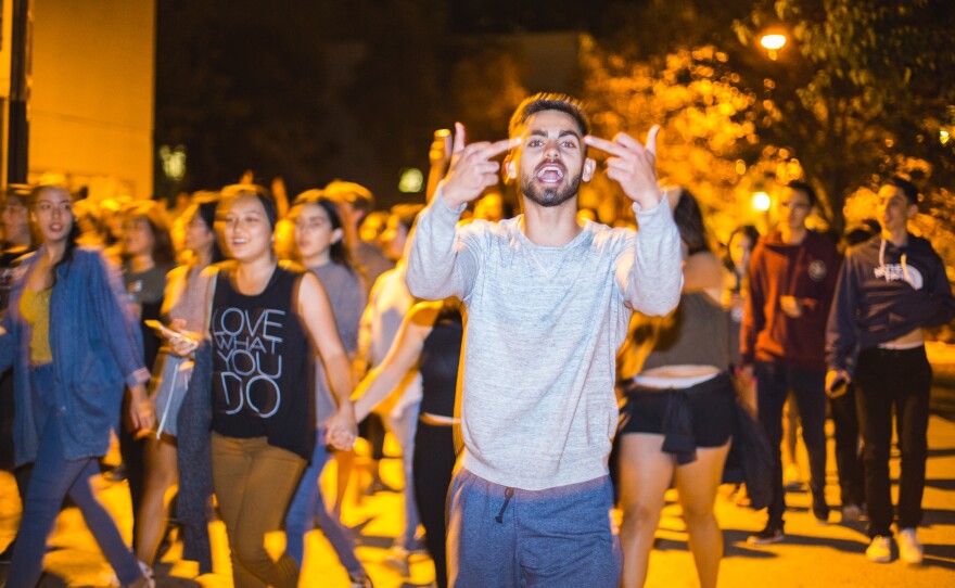 People gather near UC San Diego following Donald Trump's election as U.S. president, Nov. 9, 2016.