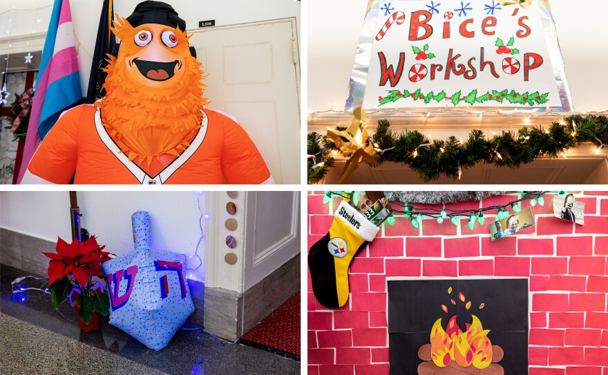 (Clockwise from top left) Rep. Scanlon's office display features Gritty, A sign above the office of Rep. Bice, a paper fireplace is seen outside of Rep. Lamb's office and an inflatable dreidel outside of Democratic Rep. Sara Jacobs of California.