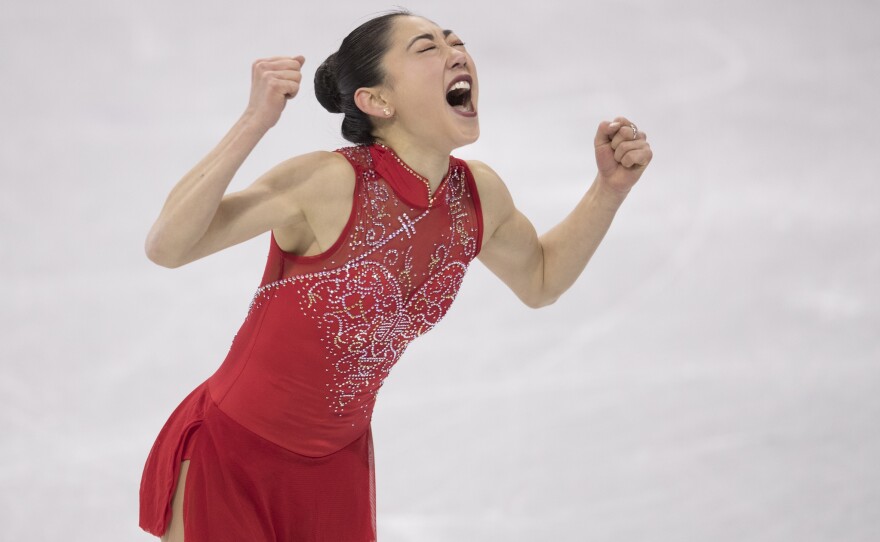 Mirai Nagasu exults after her performance on Monday in the U.S. figure skating team's bronze medal win at the Pyeongchang 2018 Winter Olympics at Gangneung Ice Arena.