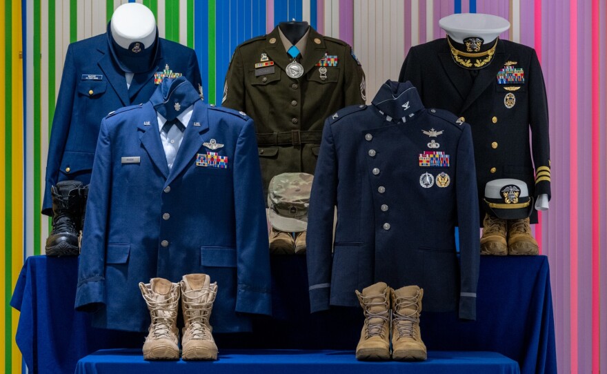 Trans service members were prohibited from wearing their uniforms during their retirement ceremony in Washington, D.C. These were on display on a table at the ceremony.