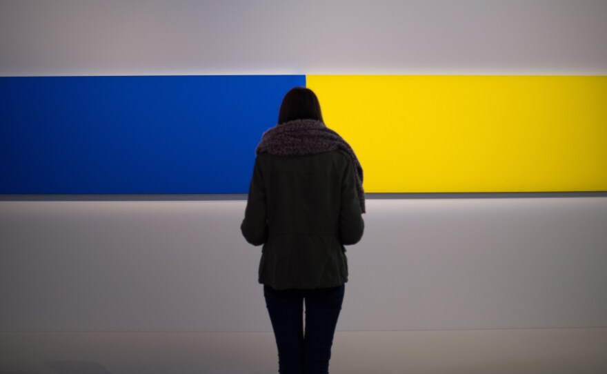 A visitor looks at the artwork <em>Two Panels — Blue-Yellow </em>(1970) by Ellsworth Kelly as part of the exhibition "J'aime les panoramas" (I love the panoramas) at the Museum of European and Mediterranean Civilisations in Marseille, southern France, on Nov. 2.