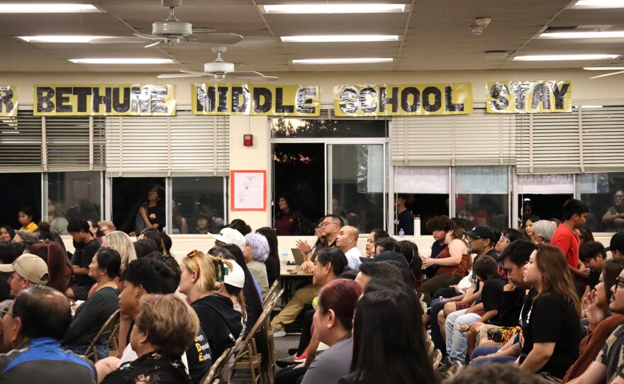 Community members attend a meeting with San Diego Unified School District leaders at Bethune K-8 School on Wednesday, Sept. 24, 2025.