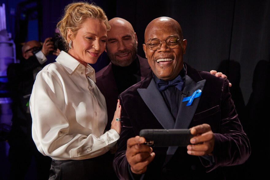 Uma Thurman, John Travolta and Samuel L Jackson backstage during the live ABC telecast of the 94th Oscars® at the Dolby Theatre at Ovation Hollywood. March 27, 2022.