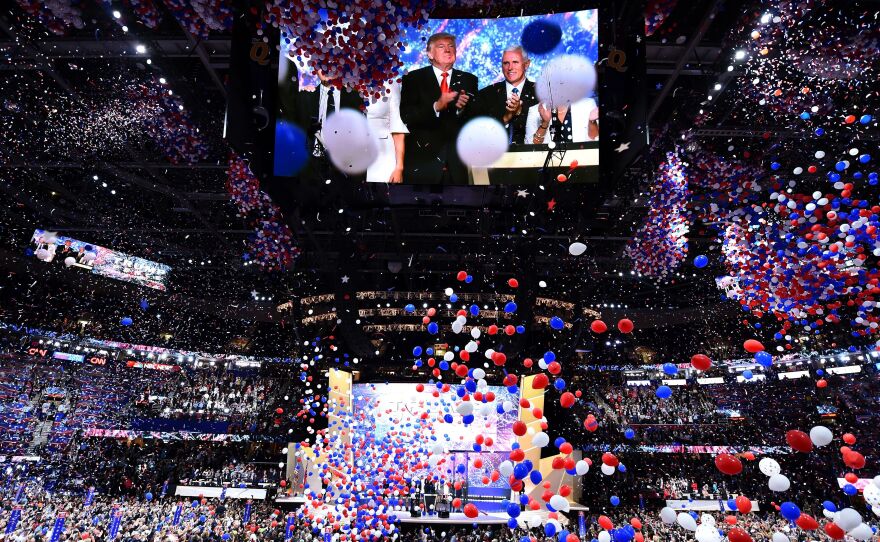 Balloons fall from the ceiling to mark the conclusion of the Republican National Convention.