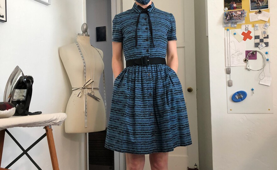 Sugardale founder Trista Roland wears a matching dress and protective face covering in an April 2020 photo.