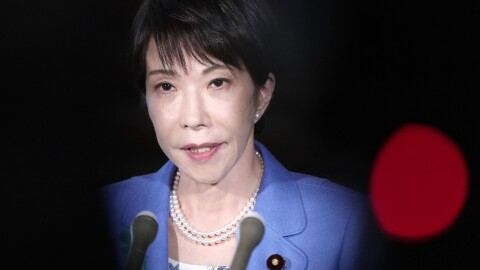 Japan's Prime Minister Sanae Takaichi speaks to reporters at her office in Tokyo Monday, April 13, 2026, after holding telephone talks with her Pakistani counterpart Shehbaz Sharif.
