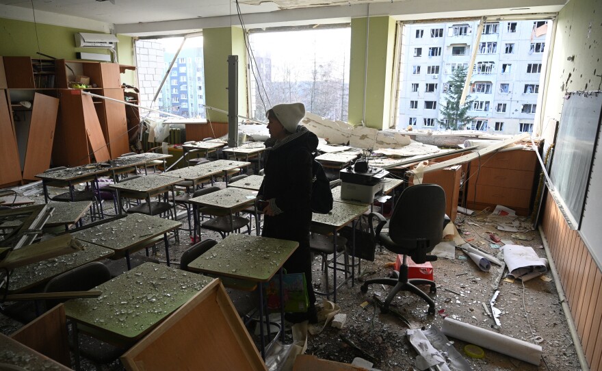 Lviv: A teacher inspects her classroom that was damaged after a missile attack in Lviv, western Ukraine.