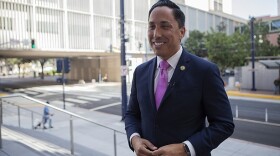 Todd Gloria is shown on the steps of San Diego's courthouse on Union Street. 