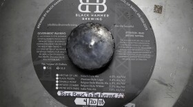 A label for Toke Back To the Future, a speciality beer containing cannabidiol, is shown at Black Hammer Brewing in San Francisco, Thursday, May 24, 2018.